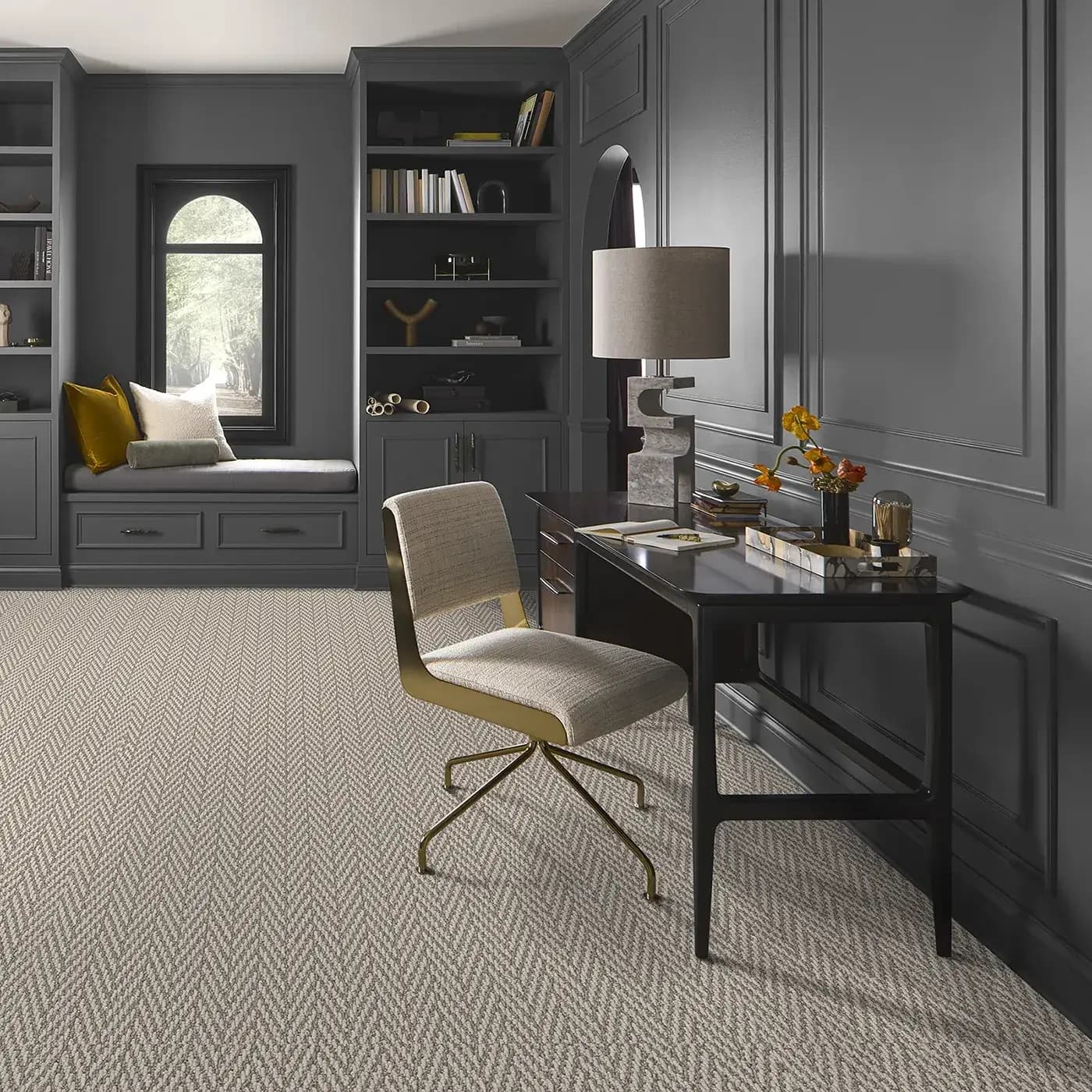 Shaw Floors tan patterned carpet in a residential office | FloorCo.