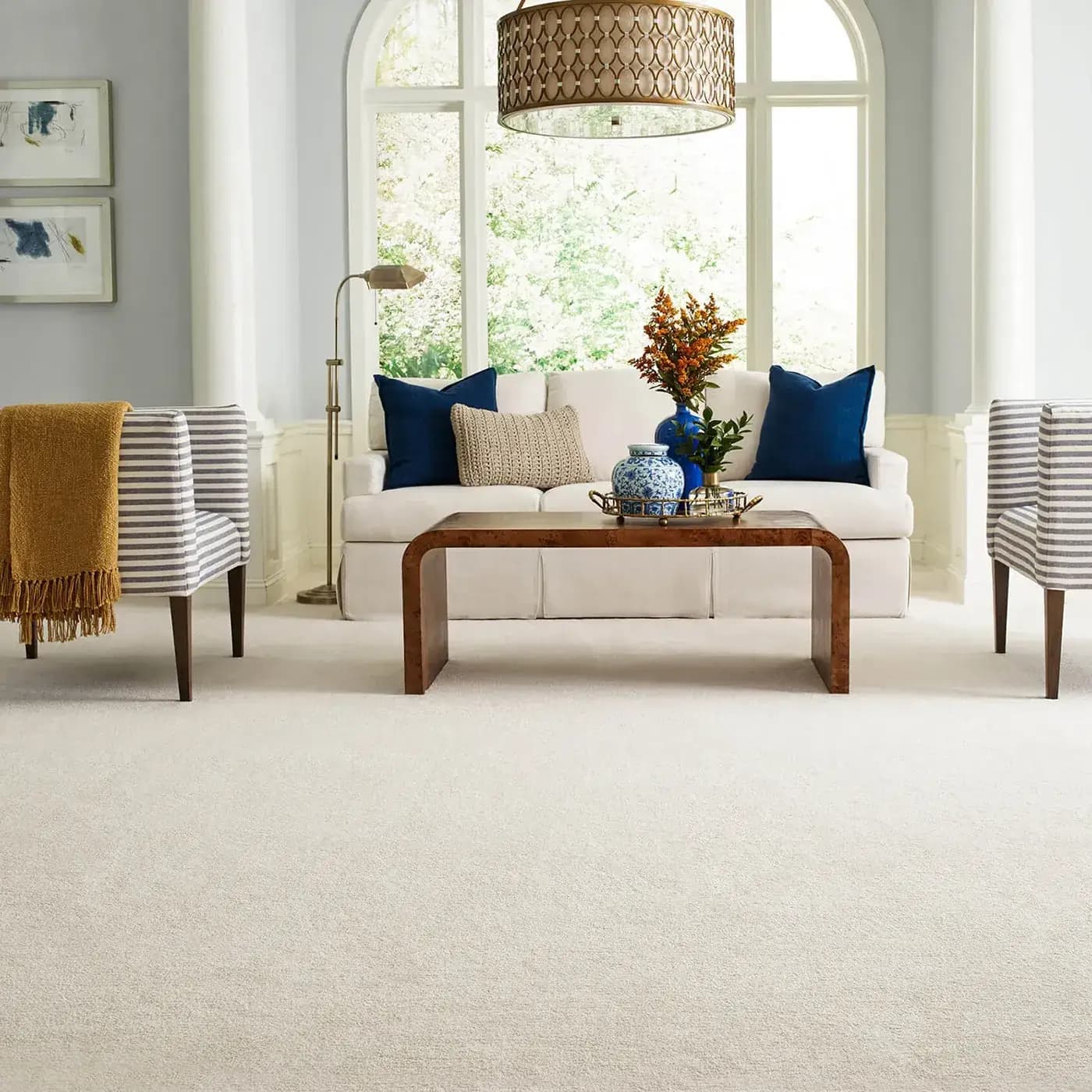 Champagne Color Shaw Floors carpet in living room | FloorCo.