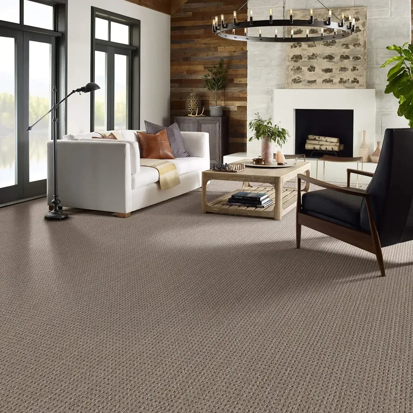 Brown Textured Shaw Floors carpet in rustic living room | FloorCo.