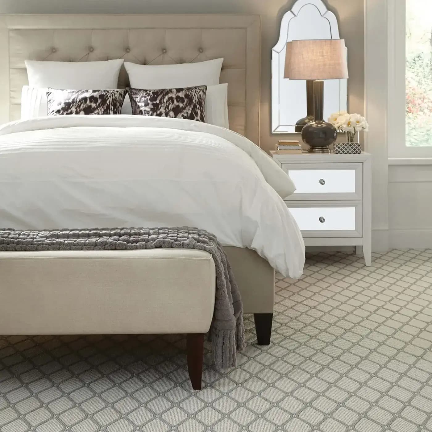 White and gray patterned carpet in a bedroom | FloorCo.
