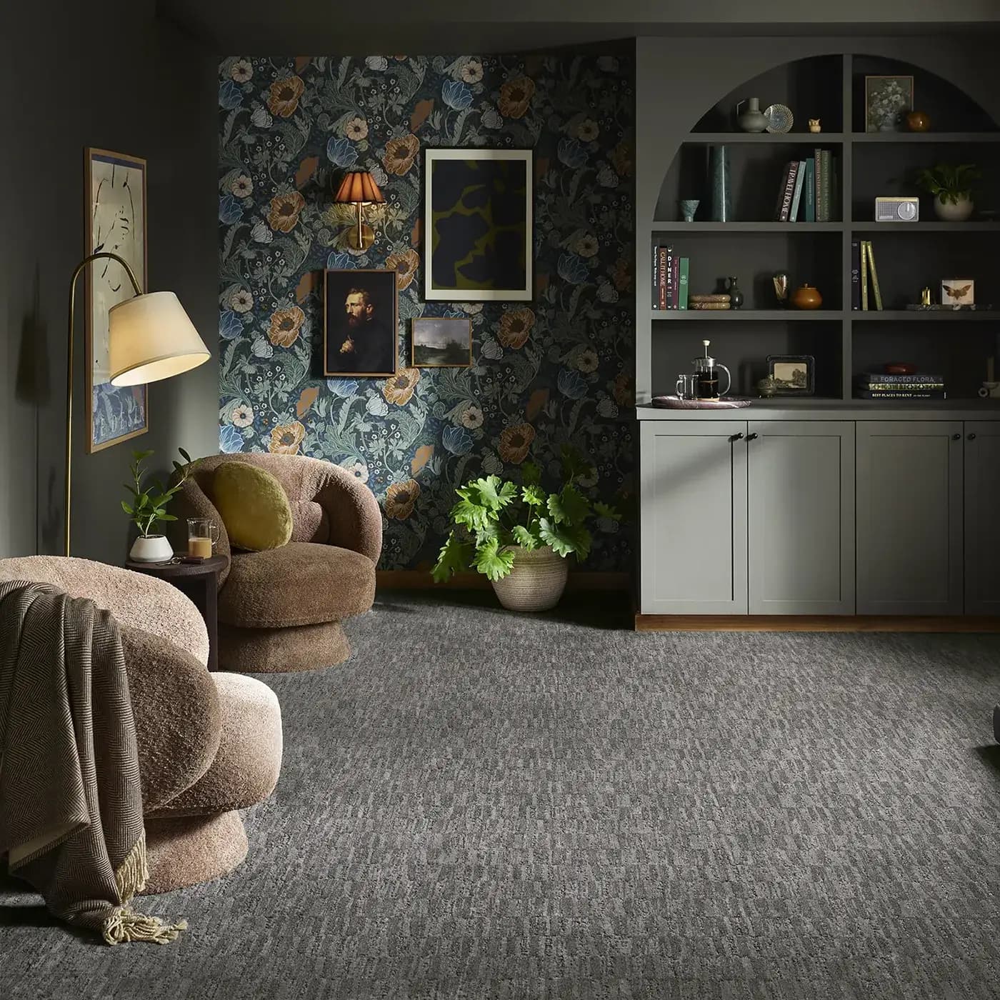 Dark gray Shaw Floors carpet in a botanical themed sitting room | FloorCo.