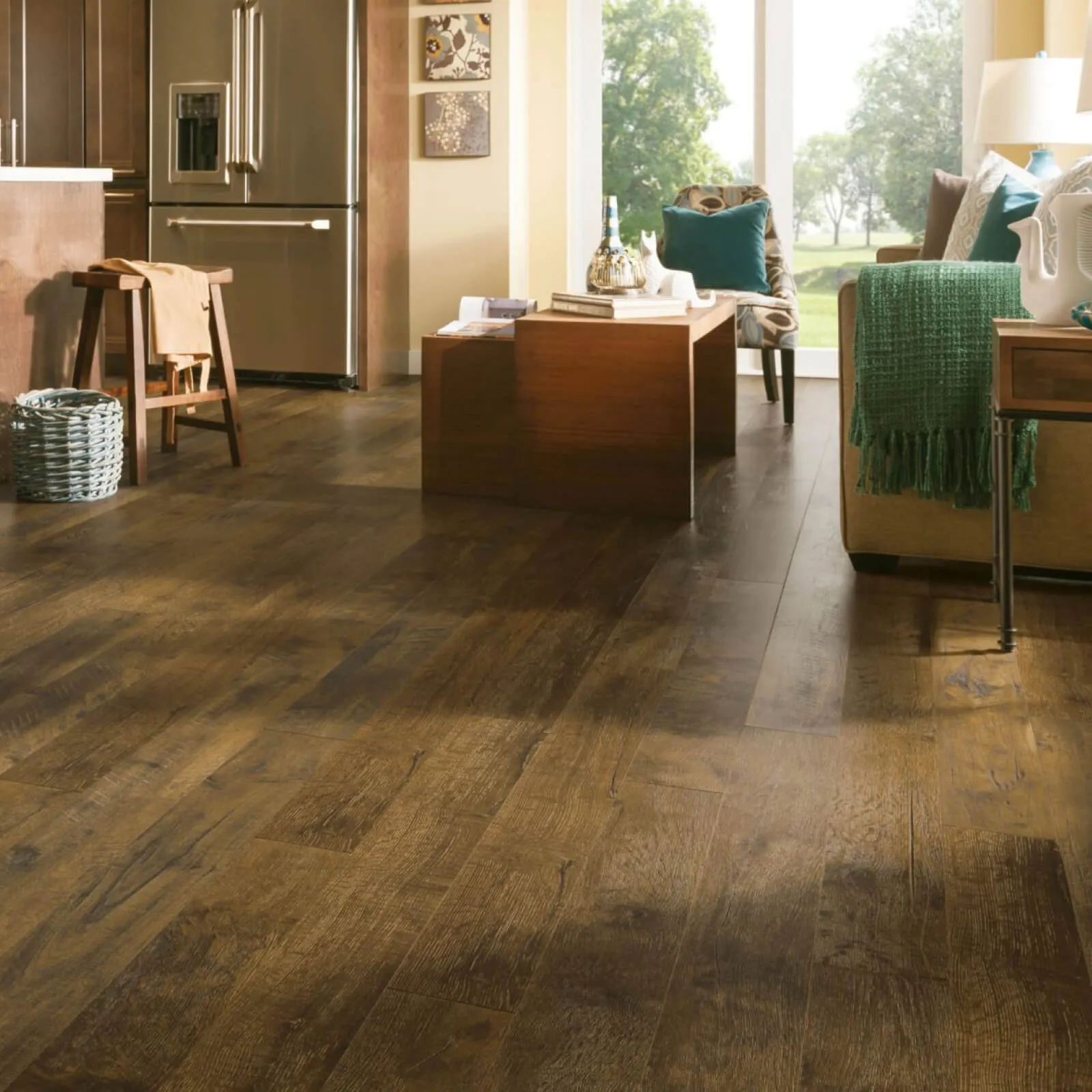 Warm-toned luxury vinyl flooring sample.