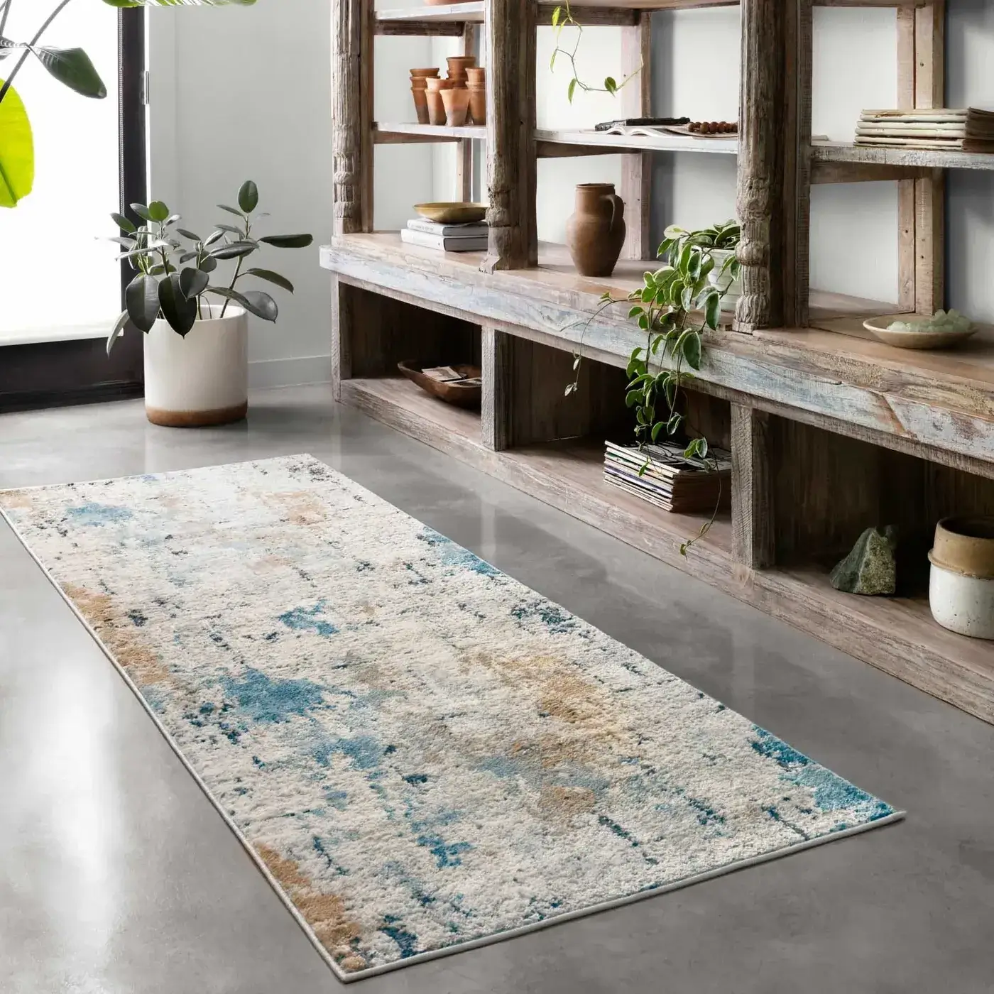 Loloi Alchemy Collection distressed white, blue, and brown abstract area rug | FloorCo.