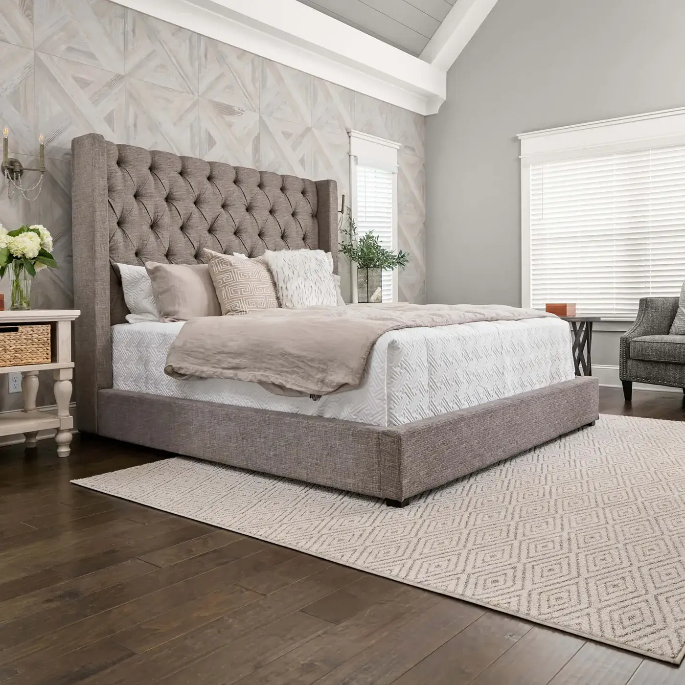 Neutral-toned Shaw Floors Yukon Maple area rug in a bedroom | FloorCo.