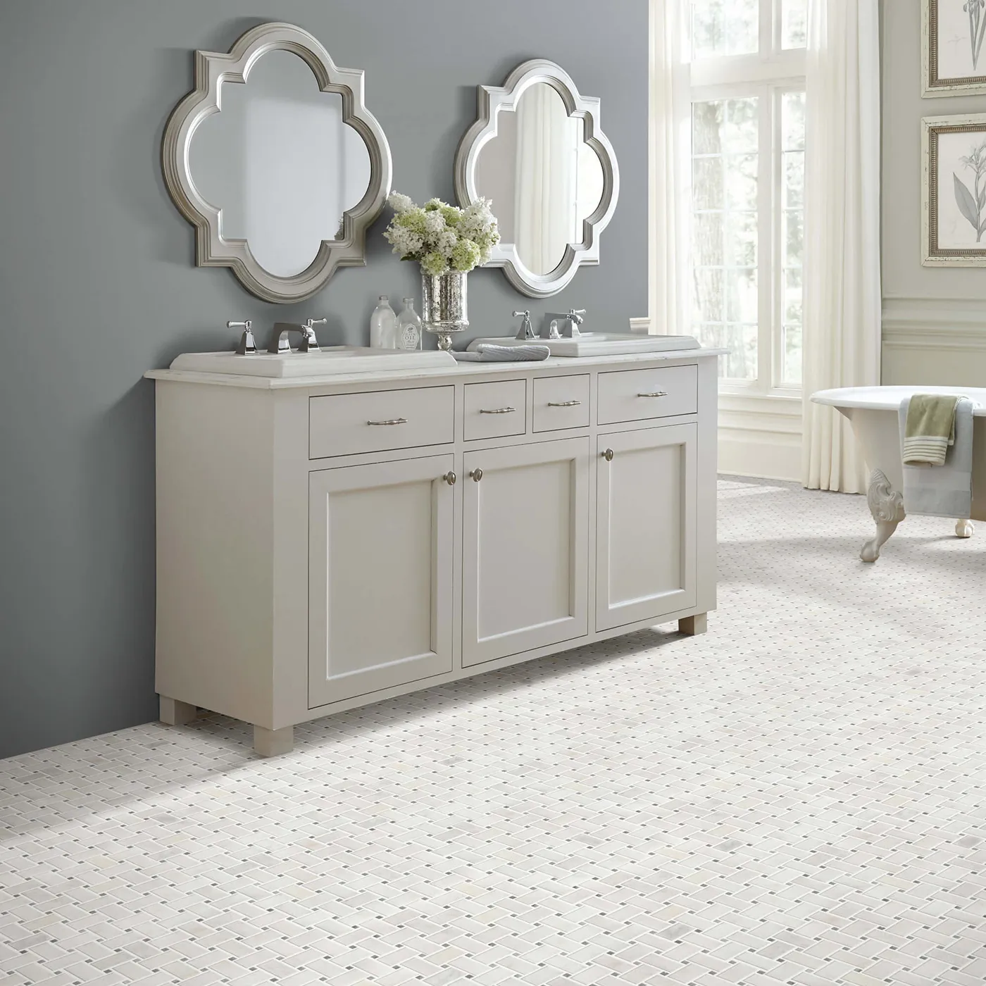 Shaw Floors Channel white basket weave mosaic tile in a bathroom | FloorCo.