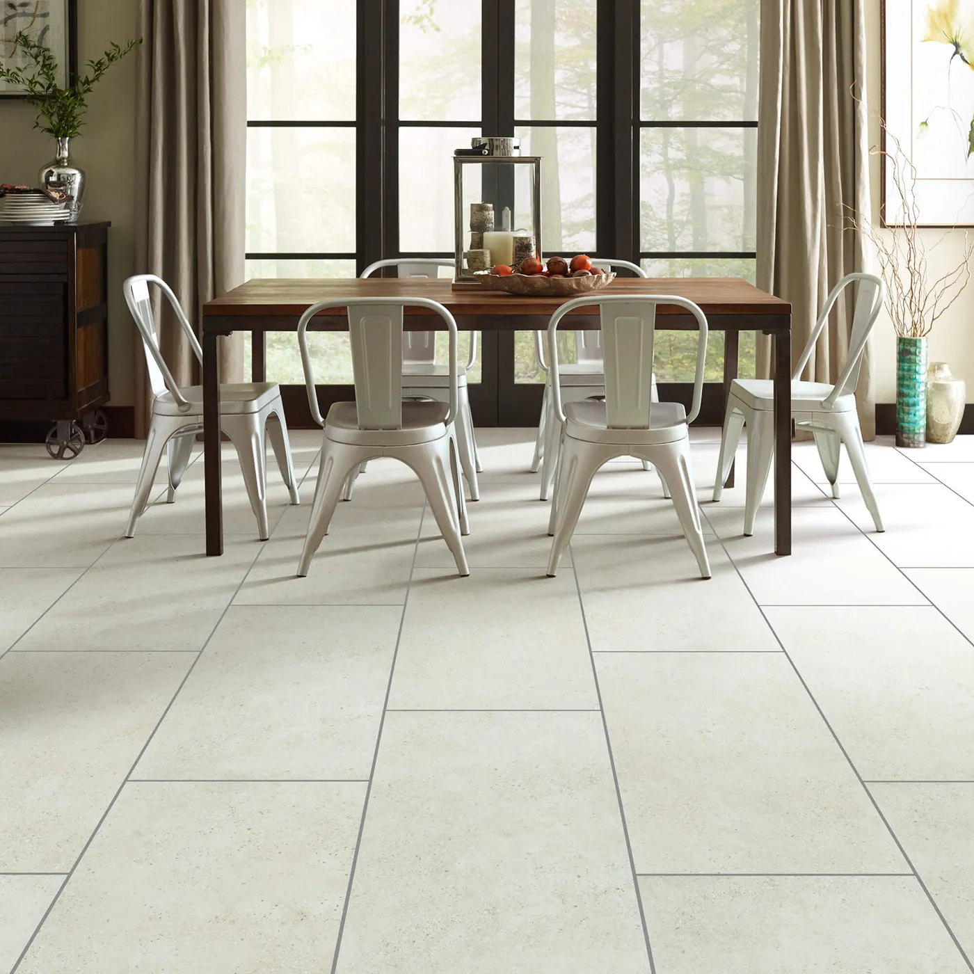 Shaw Floors Avorio large rectangular light beige tile in a dining room | FloorCo.