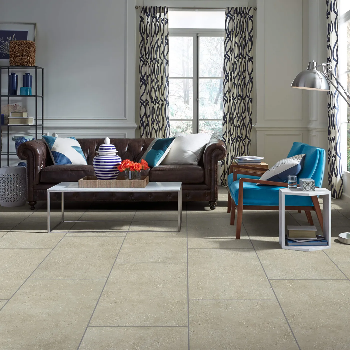 Shaw Floors tile in a light beige cafe color, in a living room | FloorCo.