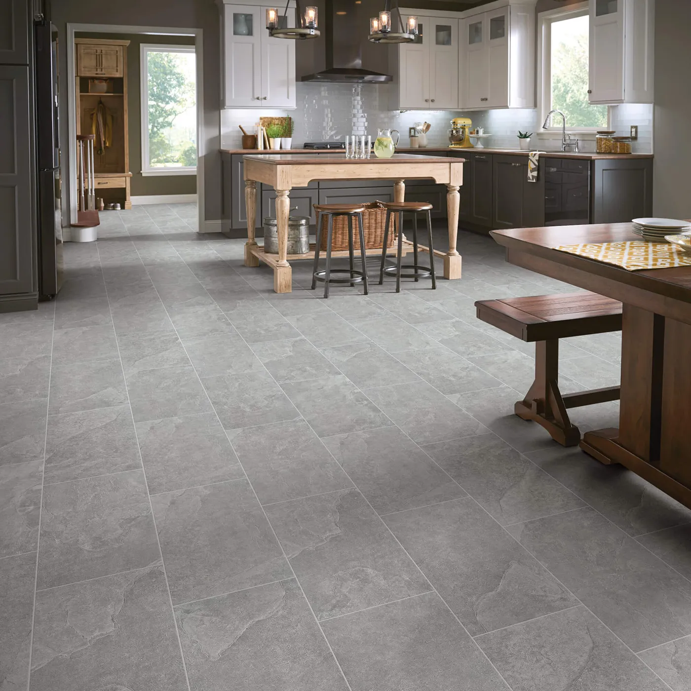 Shaw Floors Smoke gray large square tile in a kitchen | FloorCo.