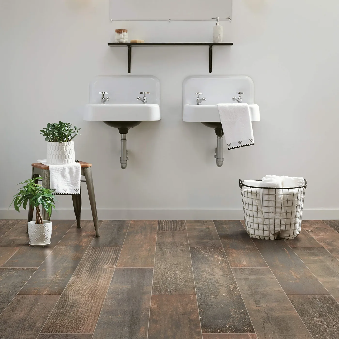 Shaw Floors tile with a dark, burned wood look, in a bathroom | FloorCo.