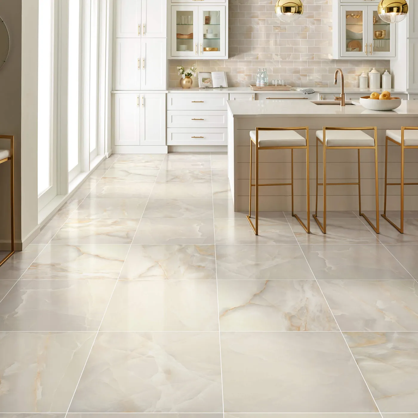 Shaw Floors Beige polished tile with subtle veining in a white kitchen | FloorCo.