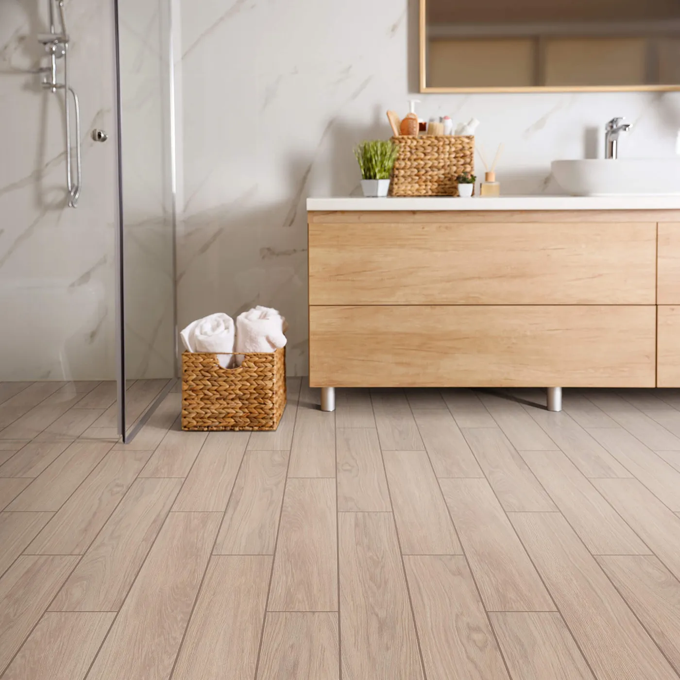Shaw Floors tile with a light wood look, in a modern bathroom | FloorCo.