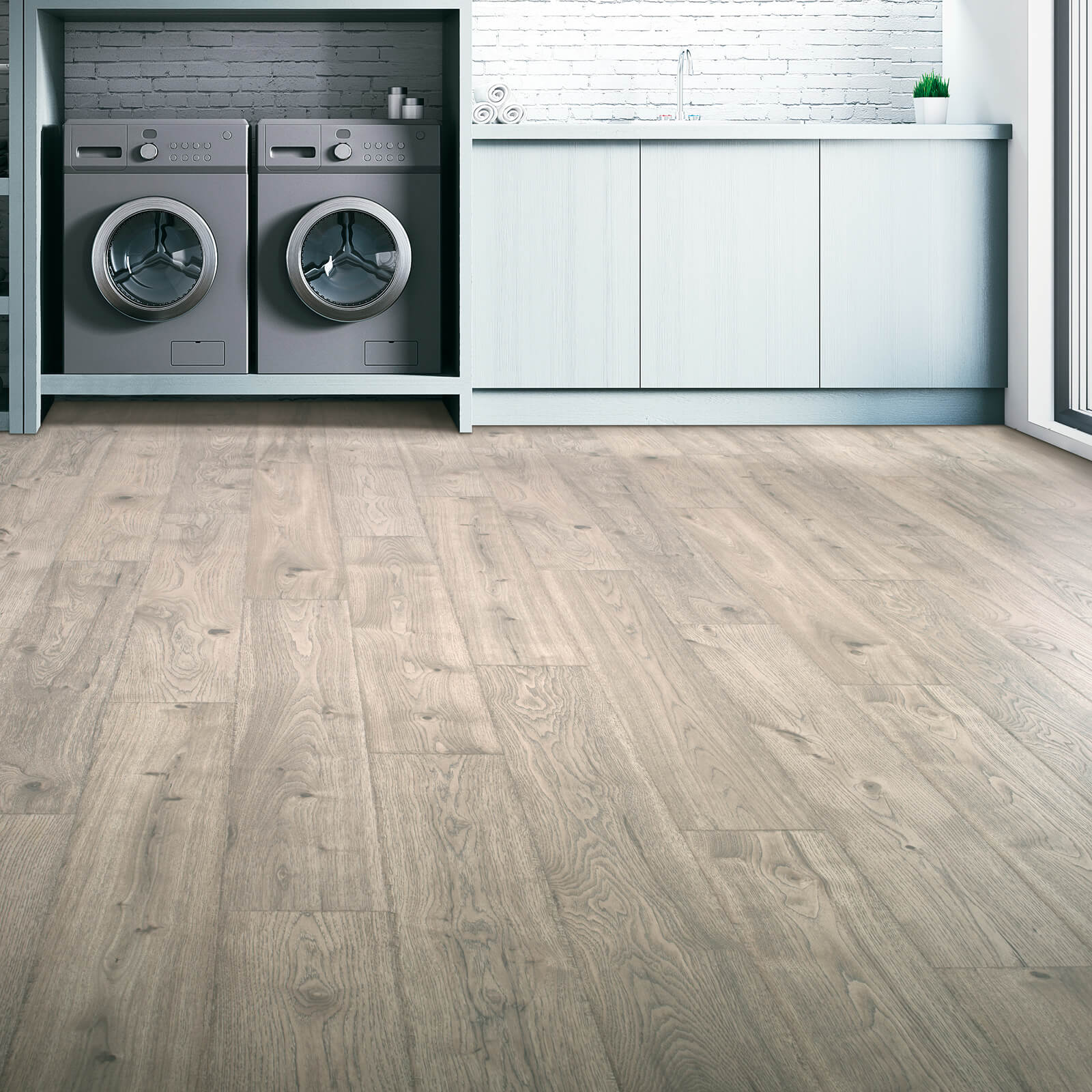 Wood-look laminate flooring in laundry room | Floorco Premium